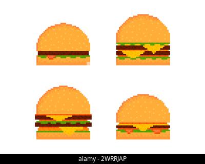 Pixel burger icon set isolated on white background. 8-bit cheeseburger with two cutlets and cheese. Collection of cheeseburger and hamburger icons in Stock Vector