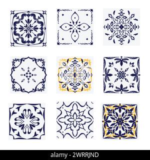 Creative arts blue and yellow floral tiles on white background Stock Vector