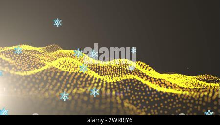 Image of digital snowflakes falling over illuminated golden light waves against black background Stock Photo
