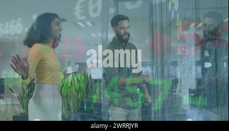 Image of trading board, multiracial coworkers sharing ideas over sticky notes on glass wall Stock Photo