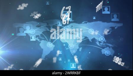 Multiple numbers and symbol floating over profile icons and world map on blue background Stock Photo