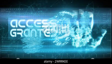 Image of access granted text, online security padlock and biometric fingerprint Stock Photo