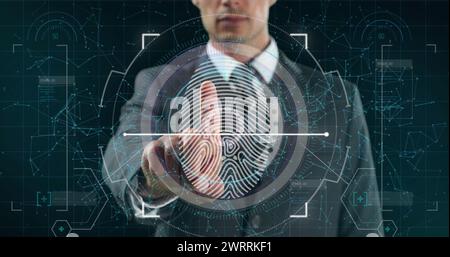 Image of scope scanning and biometric fingerprint with businessman touching interactive screen Stock Photo