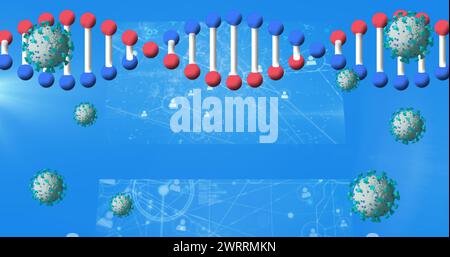 Image of dna strand spinning over medical data processing Stock Photo