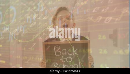 Image of data processing over caucasian boy with back to school text Stock Photo