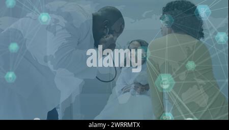 Image of medical data processing over african american male doctor Stock Photo