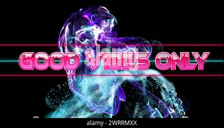 Image of good vibes only text banner over glowing purple digital waves against black background Stock Photo