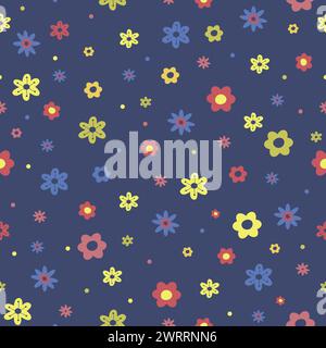Colorful and bright flowers summer seamless pattern. Dots and flowers on blue background. Floral spring vector illustration. Vector endless texture fo Stock Vector