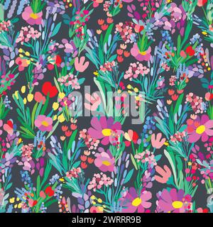 a seamless pattern of colorful flowers and leaves on a dark background Stock Vector