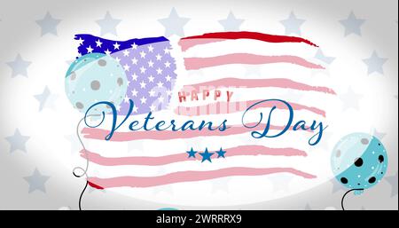 Composition of happy veterans day text and blue balloons, over stars and american flag Stock Photo