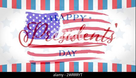 Composition of happy presidents' day text with striped border over american flag Stock Photo