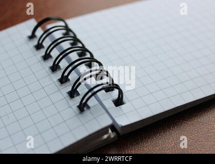 Clean Pages Of Spiral Checkered Notebook On Expensive Leather Macro Shot Photo Stock Photo