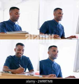 Collage, businessman and working in office, focused and online professional taking notes. African American person, employee and creative blogging Stock Photo
