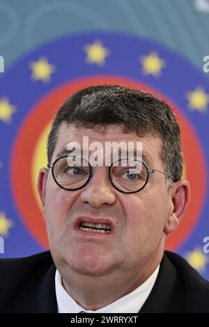 Brussels, Belgium. 14th Mar, 2024. Defence inspector general vice-admiral Jan de Beurme pictured during a press conference concerning 'serious events that have taken place within Defense', at the Belgian Army's chief of staff offices in Brussels, Thursday 14 March 2024. An early morning press conference was called late last night. The subject of the meeting has not been released yet. BELGA PHOTO ERIC LALMAND Credit: Belga News Agency/Alamy Live News Stock Photo