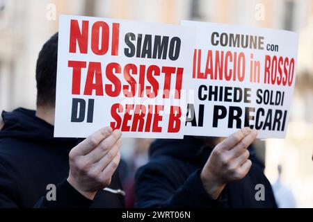 Roma, Italia. 14th Mar, 2024. I sostituti per la guida dei Taxi protestano contro il titolo oneroso sotto il Campidoglio contro il titolo oneroso - Cronaca - Roma, Italia - Gioved&#xec;, 14 Marzo 2024 (foto Cecilia Fabiano/LaPresse)&#xa0; Substitutes for taxi driving protest against the onerous title under the Capitol against the onerous title - News - Rome, Italy - Tuesday, March 14, 2024 (photo Cecilia Fabiano/LaPresse) Credit: LaPresse/Alamy Live News Stock Photo