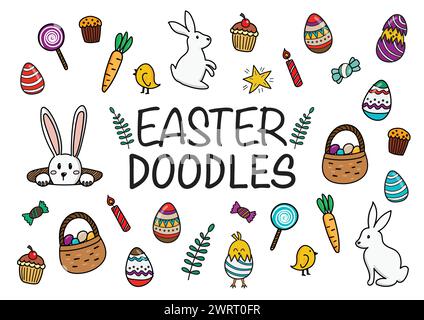 Easter doodles color hand drawn icons. Vector illustration Stock Vector