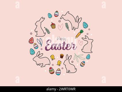 Happy easter card banner with bunnies doodle style. invitation card. Vector illustration Stock Vector