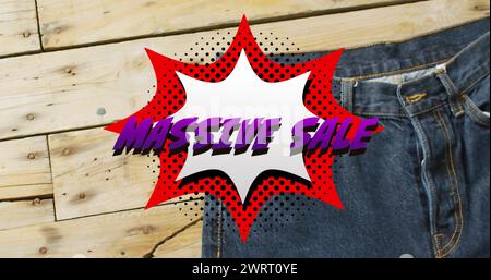 Image of retro massive sale text over denim trousers background Stock Photo