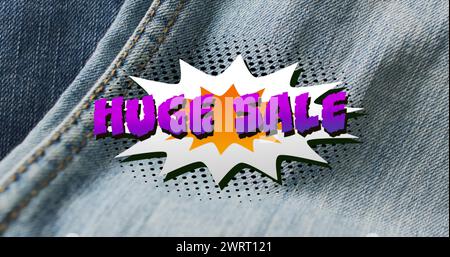 Image of retro huge sale text over denim trousers background Stock Photo