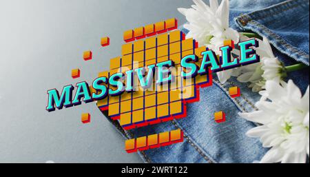 Image of massive sale text over denim trousers on grey background Stock Photo