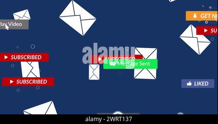 Image of social media icons with texts over envelopes on blue background Stock Photo