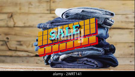 Image of sale text over denim trousers on wooden background Stock Photo