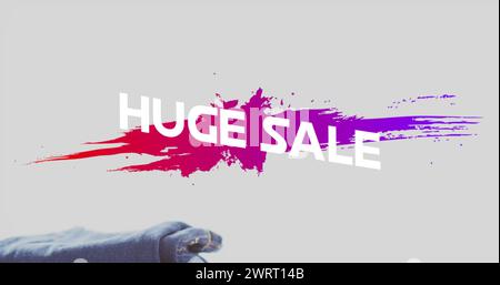 Image of huge sale text over denim trousers background Stock Photo