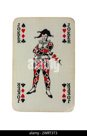 Vintage old Joker playing card isolated on white background Stock Photo