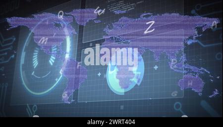 Image of alphabets over interface with data processing against world map on black background Stock Photo