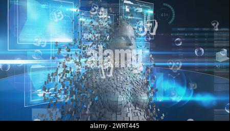 Image of numbers over human body model and interface with data processing on blue background Stock Photo