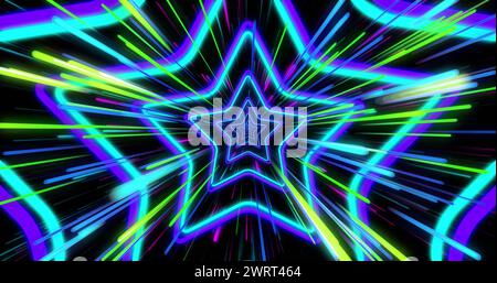 Image of colourful neon light trails and stars over black background Stock Photo
