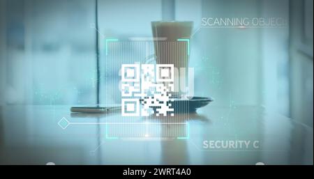 Image of a white QR code scanning over a cup of caffe latte standing on a table in a cafe Stock Photo