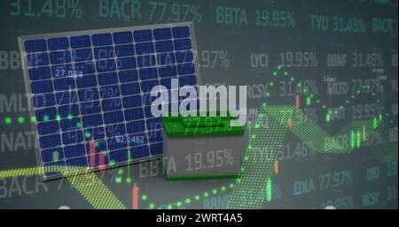 Image of financial data and graphs over solar panels Stock Photo