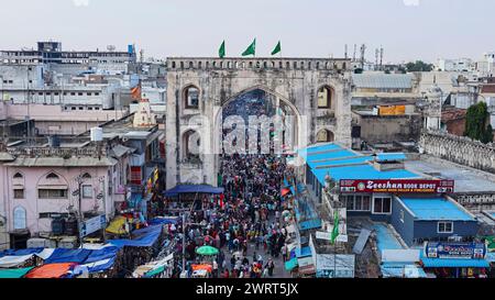 View of Char Kaman and Local Market Near Charminar, Hyderabad, Telangana, India. Stock Photo
