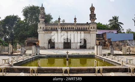 View of Masjid e Paigah and Paigah Pond, Paigah Tombs, Hyderabad, Telangana, India. Stock Photo