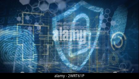 A digital interface with data processing over a digital padlock and fingerprints Stock Photo