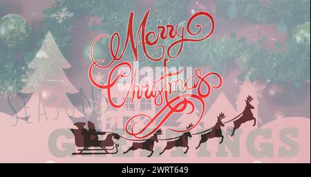 Image of christmas greetings text over christmas decorations and santa claus in sleigh Stock Photo