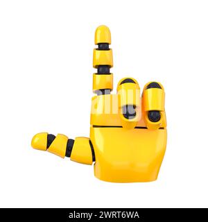 Yellow emoji bot hand showing or pointing gesture. Isolated AI or automated concept. 3d rendering Stock Photo