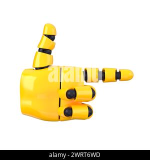 Yellow emoji bot hand showing right or pointing direction gesture. Isolated AI or automated concept. 3d rendering Stock Photo