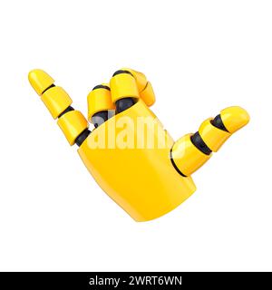 Yellow emoji robot hand make cool gesture. Isolated AI or automated concept. 3d rendering Stock Photo