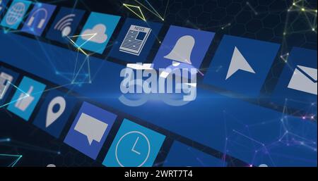 Image of 5g text, digital social media icons and data processing on blue background Stock Photo