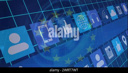 Image of european union flag, digital social media icons and data processing on blue background Stock Photo