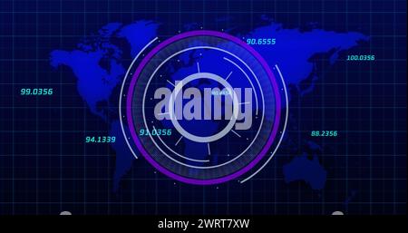 Round scanner and multiple numbers floating over world map against blue background Stock Photo