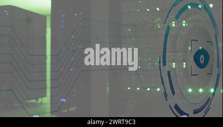 Image of eye retina scanner and microprocessor connections against ...