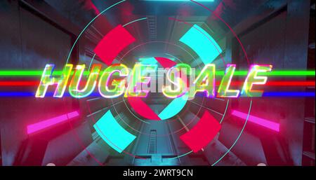 Image of huge sale text and circles over futuristic tunnel in background Stock Photo