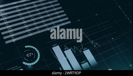 Image of infographic interface over graphs and map against black ...