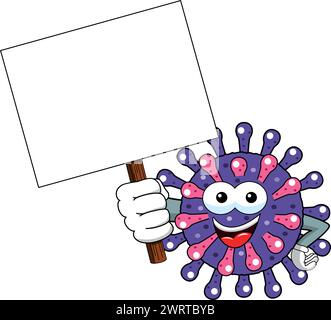 Cartoon mascot character virus or bacterium holding blank banner communication advertisement concept isolated vector illustration Stock Vector