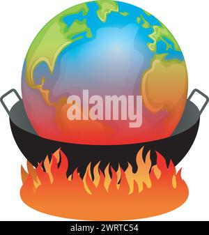 World Globe in a Frying Pan with Flames global warming concept vector illustration isolated on white Stock Vector