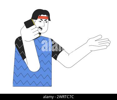 Asian man shouting into phone 2D linear cartoon character Stock Vector