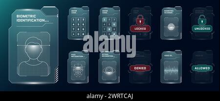Biometric ID HUD elements. User face voice recognition GUI FUI digital interface. Person security verification code entry panel. Human identity scanner and touching dashboard. Protection screen. Eps Stock Vector